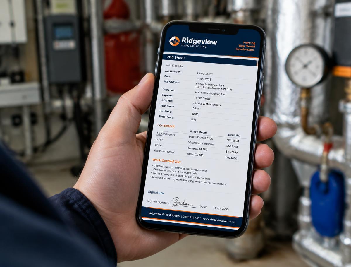 An engineer's phone showing a professional PDF job sheet